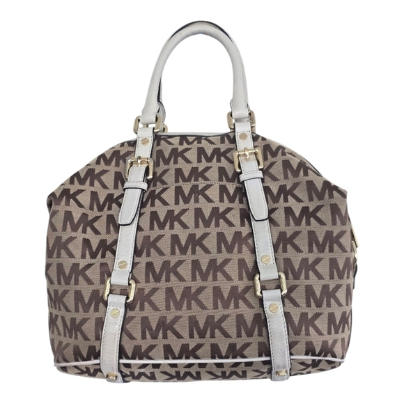Michael Kors Handbag Bedford Women Medium Logo Jacquard Satchel Beige Vanilla - Picture 4 of 15